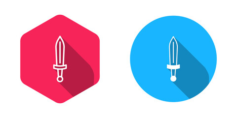 Filled and outline Medieval sword icon isolated with long shadow background. Medieval weapon. Vector