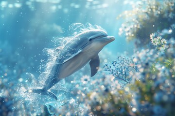 Fototapeta premium A serene underwater scene featuring a dolphin swimming gracefully through vibrant corals.