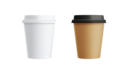 Two coffee cups, one white and one brown, isolated on a white background, ideal for illustrations related to beverages and takeaway coffee culture.