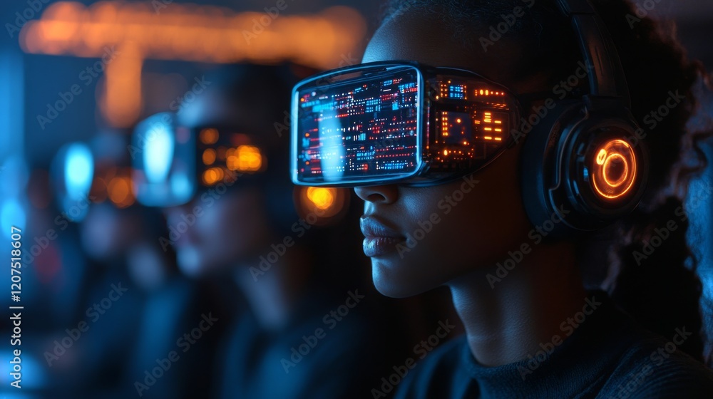 Poster exploring virtual realities through immersive technology in a futuristic setting