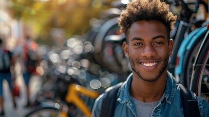 Obraz premium A smiling young man stands in front of bicycles, exuding joy and confidence outdoors.