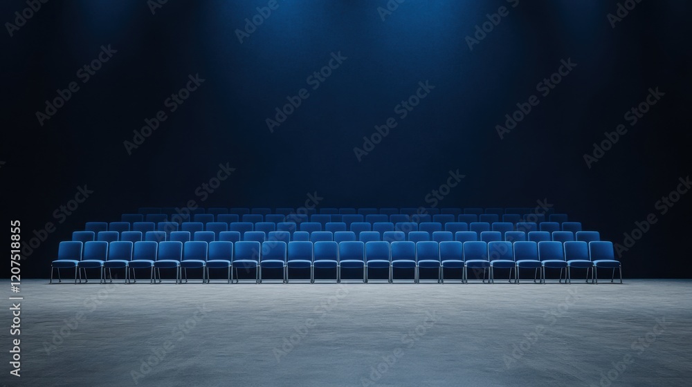 Poster empty auditorium with rows of blue chairs under dramatic lighting in a dark setting for events and p
