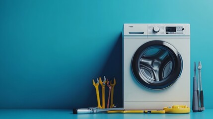 A clean, minimalistic image of a washing machine with a professional repair technician's tools laid neatly beside it, leaving ample space on the side for text or advertising