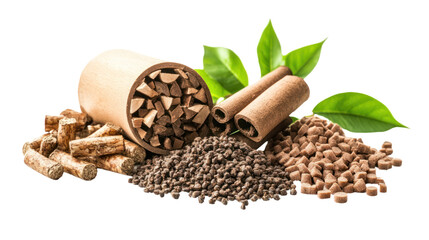 Variety of eco-friendly biomass materials arranged on a white background, showcasing sustainability...