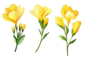 Fototapeta premium Vibrant Yellow Freesia Trio: Elegant Floral Still Life on Pure White Background, Perfect for Spring 
