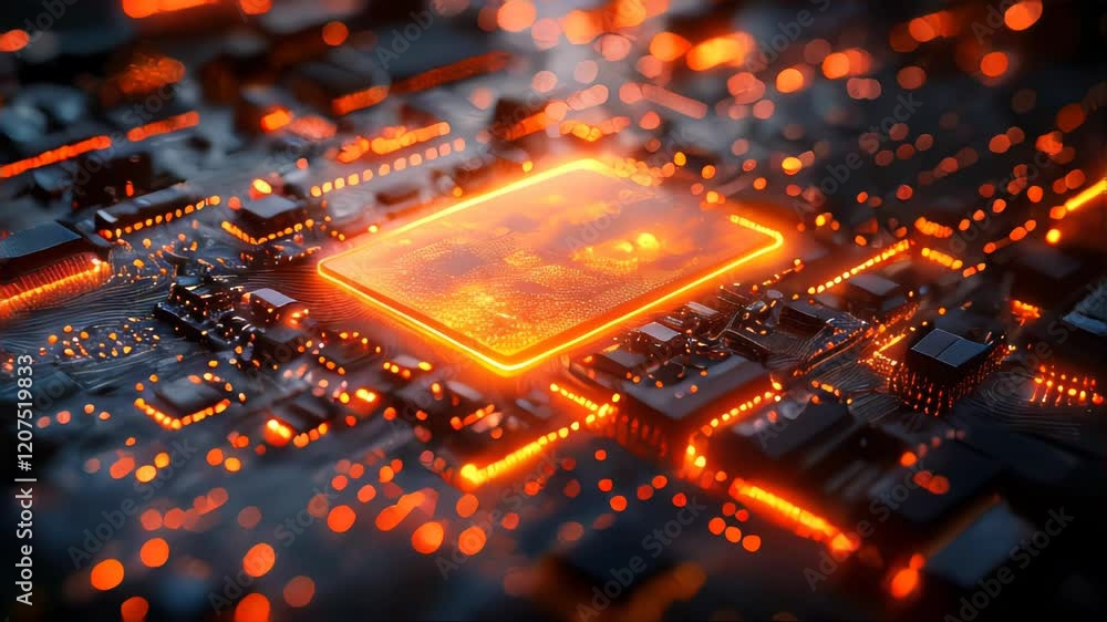 Poster close-up of a glowing microchip on a dark circuit board, symbolizing futuristic technology