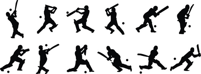 Player playing cricket action pose icon set black  flat championship vector collection isolated on transparent background. Related to the game of cricket with various element bowler fielder