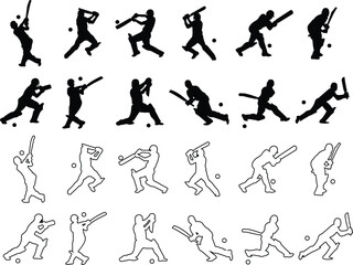 Player playing cricket action pose icon set black line and flat championship vector collection isolated on transparent background. Related to the game of cricket with various element bowler fielder