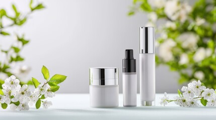 Cosmetic product display floral background product photography modern studio close-up beauty concept