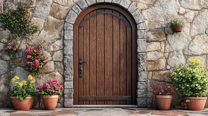 Wooden Door and Planters at the Entrance of a Rustic Stone House