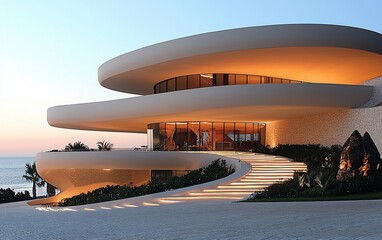 Modern coastal house with curved architecture, illuminated at sunset.