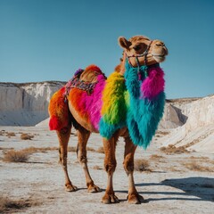 A camel painted in neon colors, surrounded by white cliffs and a bright sky.
