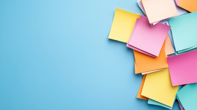 Colorful Sticky Notes on Blue Background for Creative Organization and Planning in Office or Study Environment