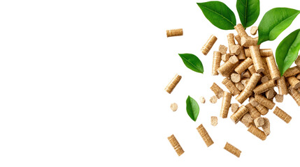 Wood pellets with green leaves on a white isolated background, symbolizing renewable energy and sustainable resources for heating.
