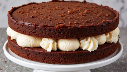 Layered chocolate sponge cake on cake stand, dessert indulgence