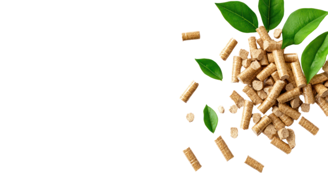 Wood pellets with green leaves on a white isolated background, symbolizing renewable energy and sustainable resources for heating.