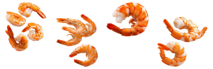 Set of cooked shrimps with orange shells, isolated on transparent background