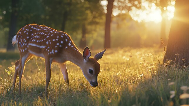 Young deer grazing in grassy field, sunrise, forest background. Wildlife photography for nature documentaries 
