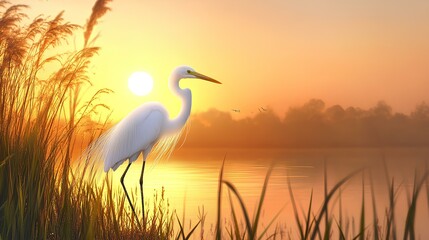 White egret in golden sunset, wetland, serene nature