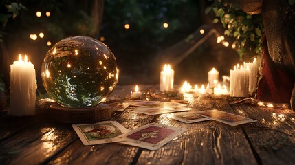 Obraz premium A mystical crystal ball surrounded by candles and tarot cards on a wooden table in a dimly lit magical setting 