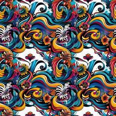 Curly hand painted seamless patterns with waves and abstract shapes, clean bold colors