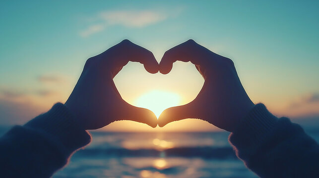 Sunset Love: A silhouette of hands framing a heart shape, the warm glow of the setting sun filling the space within. The vastness of the ocean and sky create a backdrop of serenity and love. 