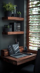 Modern Home Office Desk Setup  Dark Wood  Plants  Laptop