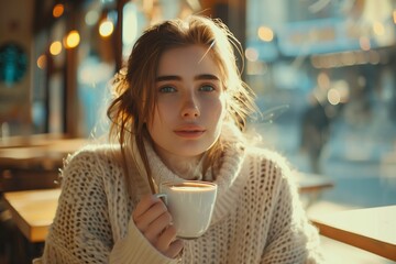 A woman enjoys a warm drink in a cozy cafe setting, exuding comfort and tranquility.