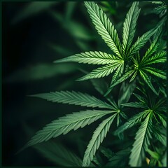 The image shows a close-up of cannabis leaves. The leaves are a deep green color and have a serrated edge. The background is dark, which makes the leaves stand out