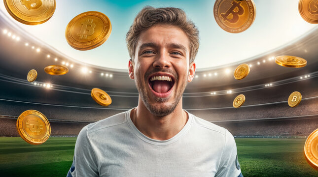 Excited Soccer Fan Celebrating Winning Bet with Bitcoin Cryptocurrency in a Stadium