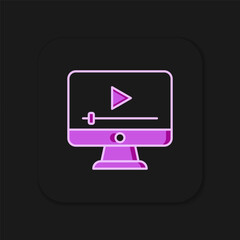Filled outline Online play video icon isolated on black background. Film strip with play sign. Flat filled outline style with shadow. Vector