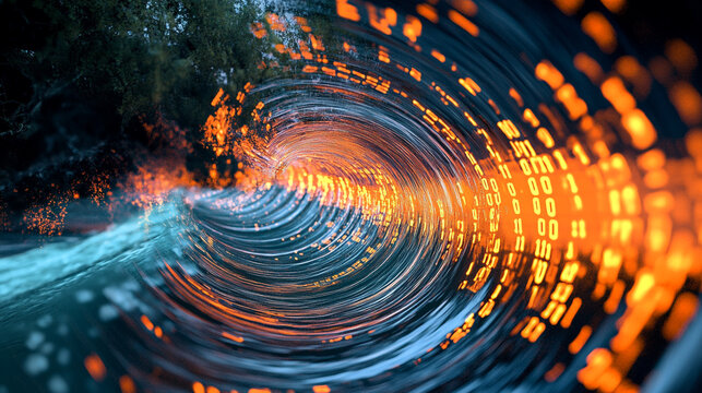 Data swirls into a vortex of information, creating a mesmerizing tunnel of binary code and abstract patterns.