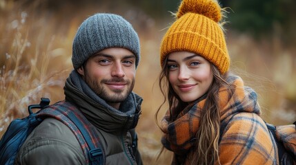 Couple Hiking Autumn Trail, Smiling Portrait, Backpacks