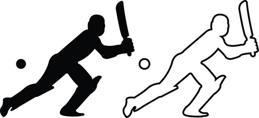 Player playing cricket action pose icon set black line and flat championship vector collection isolated on transparent background. Related to the game of cricket with various element bowler fielder