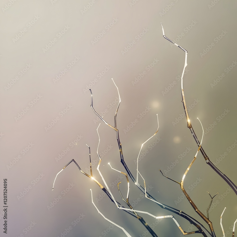 Poster abstract white and gold branches with sparkles on soft gradient