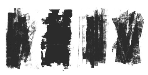 Linocut texture. Ink roller background. Grunge letterpress rectangles. Dry black brayer striped lines isolated on white background. Painted relief stains set. Vector lino eroded abstract illustration.
