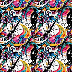 Curly hand painted seamless patterns with waves and abstract shapes, clean bold colors