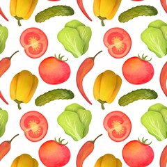 seamless pattern with vegetables. watercolor Veggies isolated on white background. red pepper, chili, tomatoes, cucumber, lettuce leaves collection. print for packaging paper, fabrics, wrapping gifts