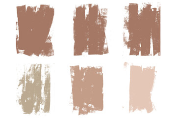 Linocut texture. Ink rolled spots. Grunge letterpress rectangles. Dry brown brayer striped overlay lines isolated on white background. Painted stains set. Vector lino mocha mousse abstract stamps.