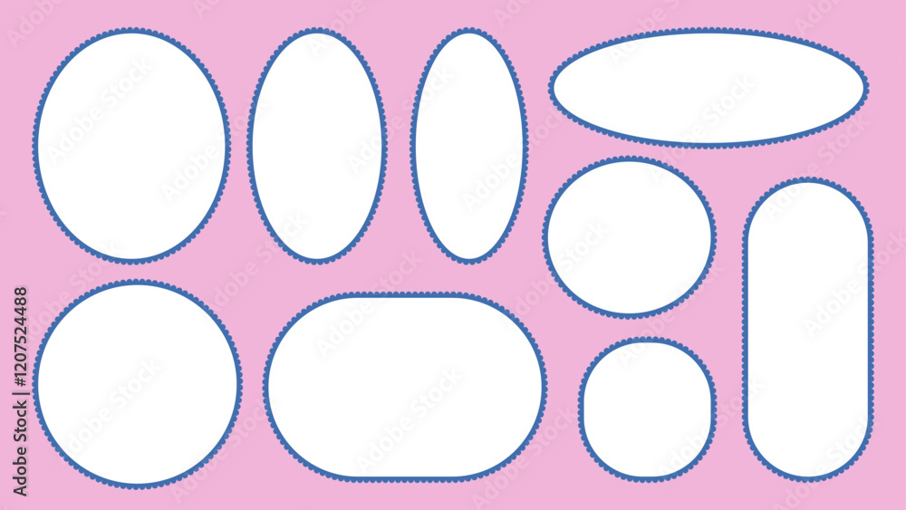 Poster scallop edged circular frame templates set. oval and rectangle shapes. geometry borders with perfora