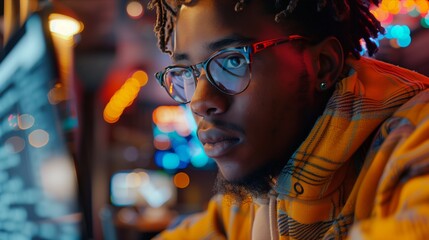 A young man focused intently on a task in a brightly lit digital environment.