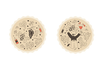 Wine club and vineyard emblem. Woman with wine bottle on round stamp. Tasting event circular perforated edges label. Party with alcohol drinks. Person visit a winery. Vector hand drawn illustration.