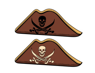 Hand drawn colorful sketch style pirate hats with skull and crossbones design. Perfect for pirate-themed events, logos, or adventure branding. Vector illustration