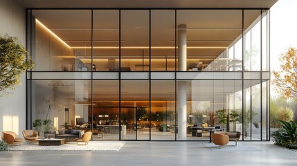 High-tech office environment in a 3D rendering with glass walls and open workspaces,