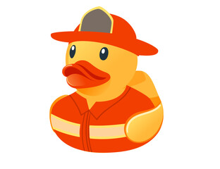 Fototapeta premium Cute yellow rubber duck. Duck dressed as a firefighter with red special uniform and hat. Cartoon child toy for bath. Vector illustration isolated on white background