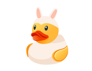 Rubber duck in a bunny costume with pink ears. Cute yellow rubber duck. Cartoon child toy for bath. Vector illustration isolated on white background
