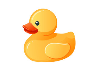 Cute yellow rubber duck. Cartoon child toy for bath. Side view. Vector illustration isolated on white background