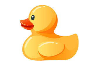 Cute yellow rubber duck. Cartoon child toy for bath. Side view. Vector illustration isolated on white background