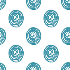 Polka dots seamless pattern crayon drawn. Circle confetti endless background. Birthday round points by pencil repeat cover. Scribble spots blue marker draw. Vector surface design festive motif.