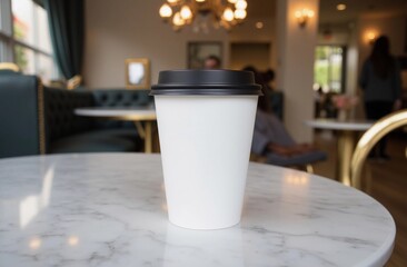 Minimalist Paper Coffee Cup Mockup - Black Lid on Marble Table